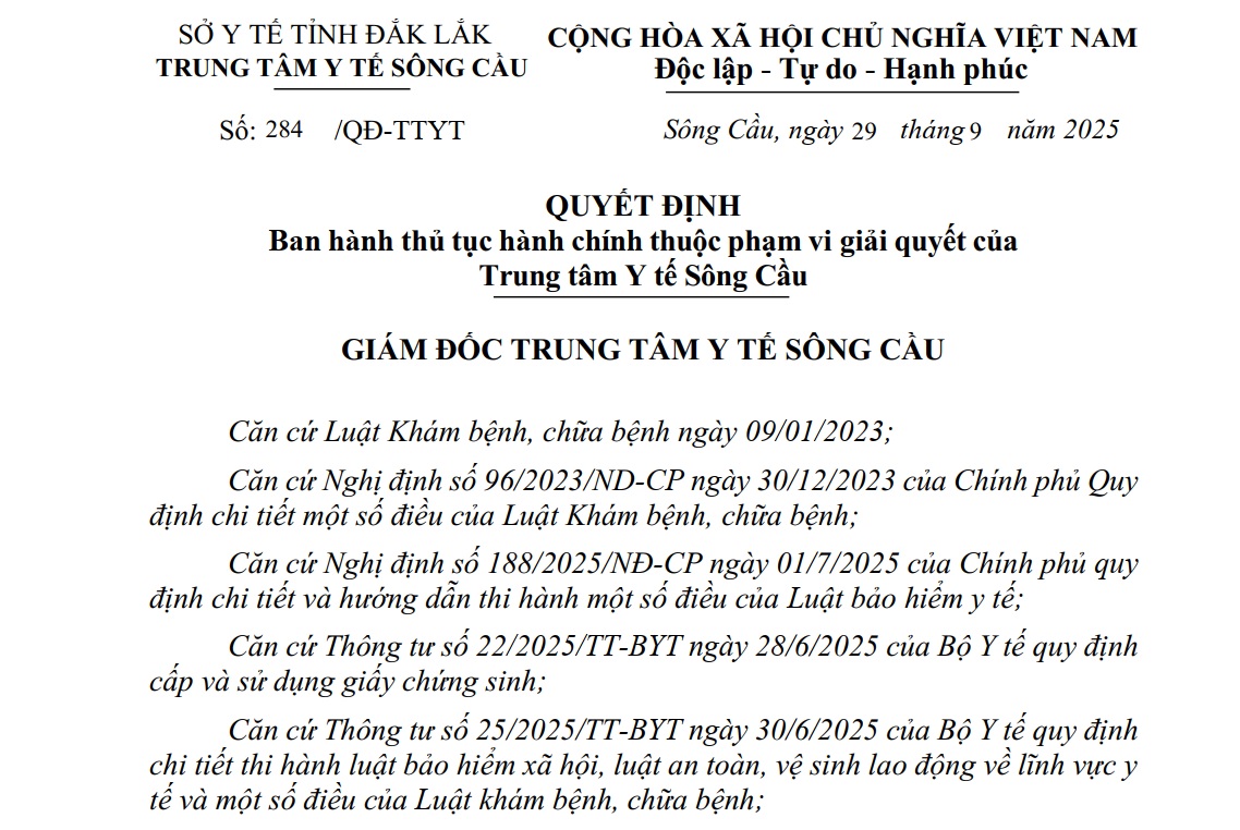 Quyết định Ban hành thủ tục hành chính thuộc phạm vi giải quyết của Trung tâm Y tế Sông Cầu
